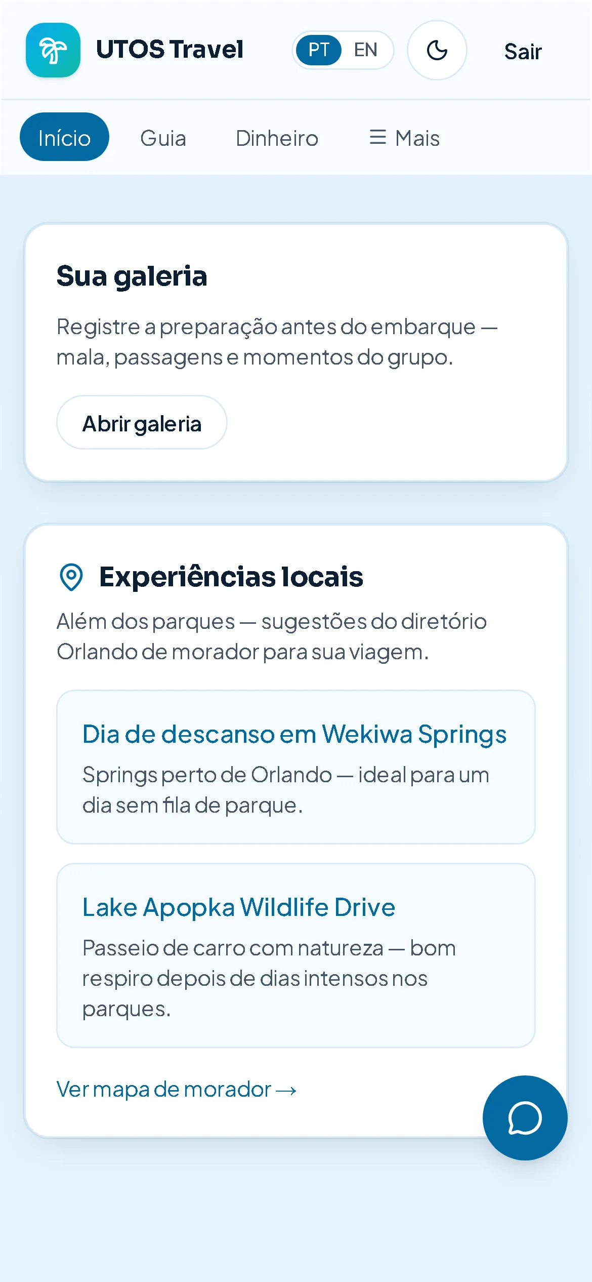 UTOS Travel screen showing daily itinerary and trip prep progress for Orlando