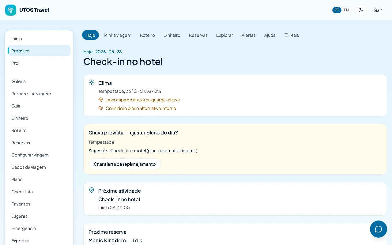 Tela de visão de hoje do UTOS com briefing diário
